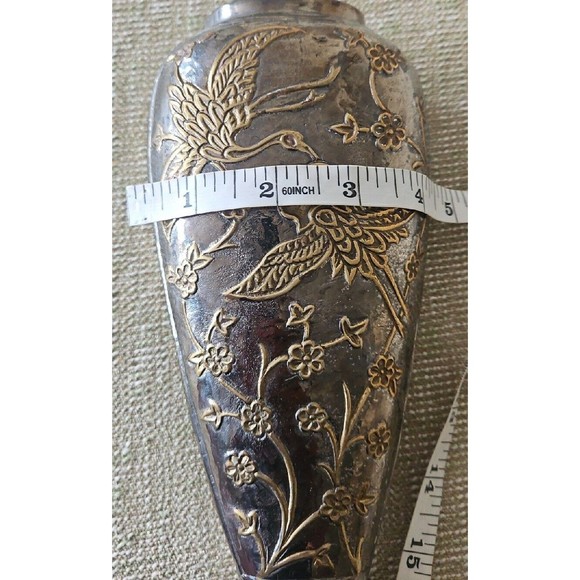 SOLID BRASS Vase INDIA Birds & Flowers Silver & Gold - Picture 6 of 7